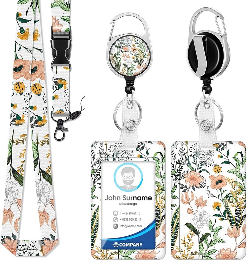 KASTWAVE Retractable Badge Holder with Lanyard, ID Card Holder Badge Reel Carabiner Clip with Lanyards Detachable Name Tag for Office, Teachers, Students, Nurses (White Flower) - Image 1