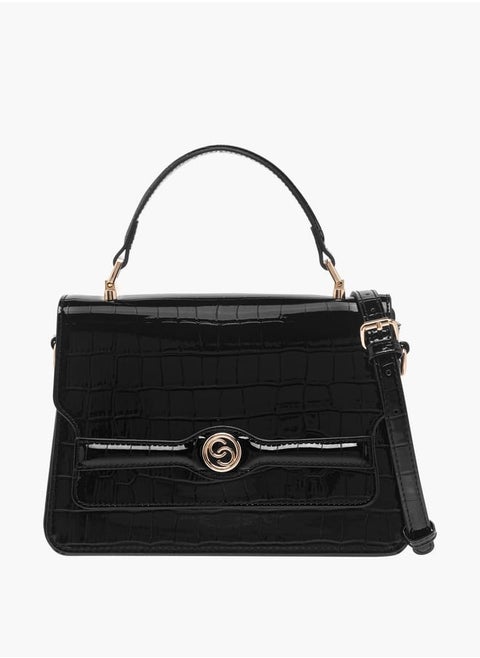 Women Textured Satchel Bag with Grab Handle and Button Closure