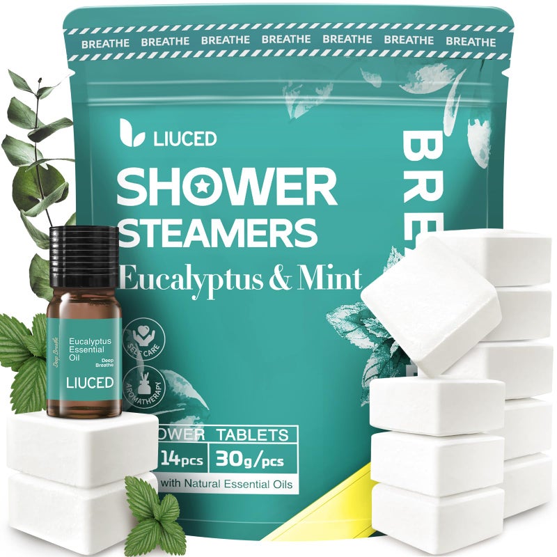 LIUCED 14+1 Shower Steamers - 14 Pack Eucalyptus & Mint Shower Bombs Aromatherapy and 5ml Natural Eucalyptus Essential Oils, Eucalyptus for Shower, Sinus Relief, Mothers Day Gifts for Mom Wife, Easter Gifts - Image 1