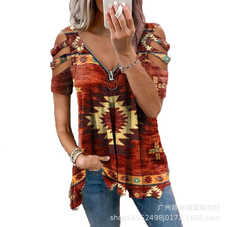 2021 summer new sexy V-neck ethnic style western print loose short-sleeved zipper T-shirt top edge grey Dark red ash S - Image 1
