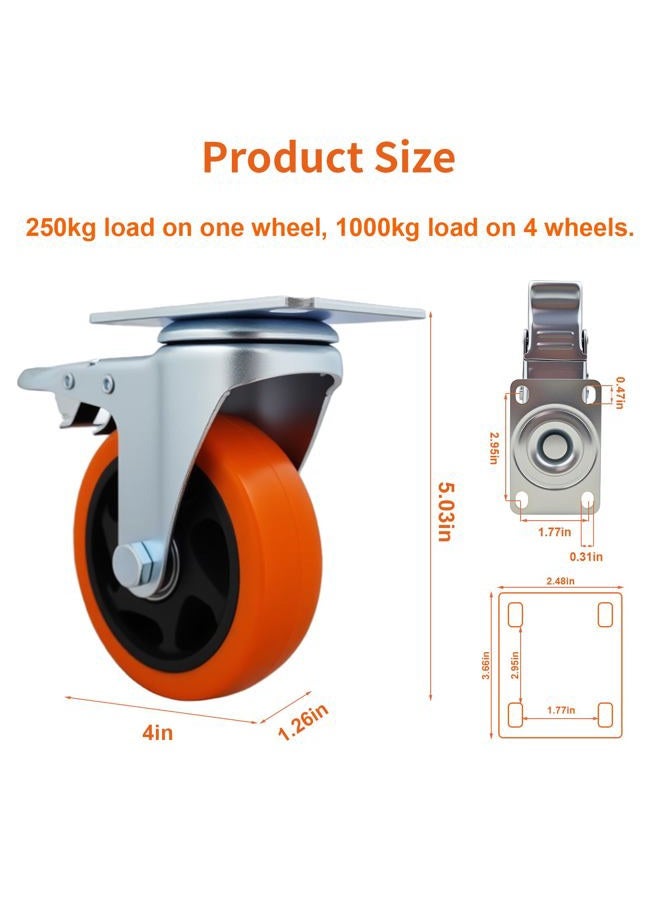Htudcoue 6 Pcs 4 Inch Heavy Duty Casters,with Brake and Swivel Locking,6 casters Load Capacity 3300 lbs, for Furniture, Workbenches, Carts, Etc. - Image 2