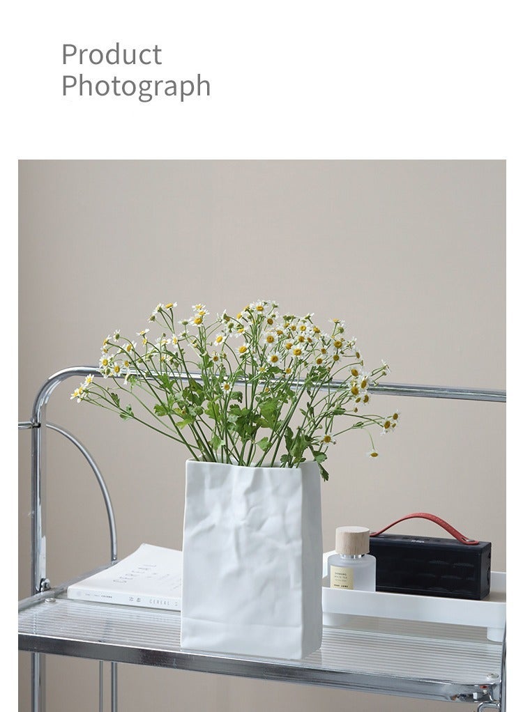 كابتن تيك Crinkle Paper Bag Shape Ceramic Vase, Large Capacity for Flower Arrangement, Bookshelf Decorative - Image 3
