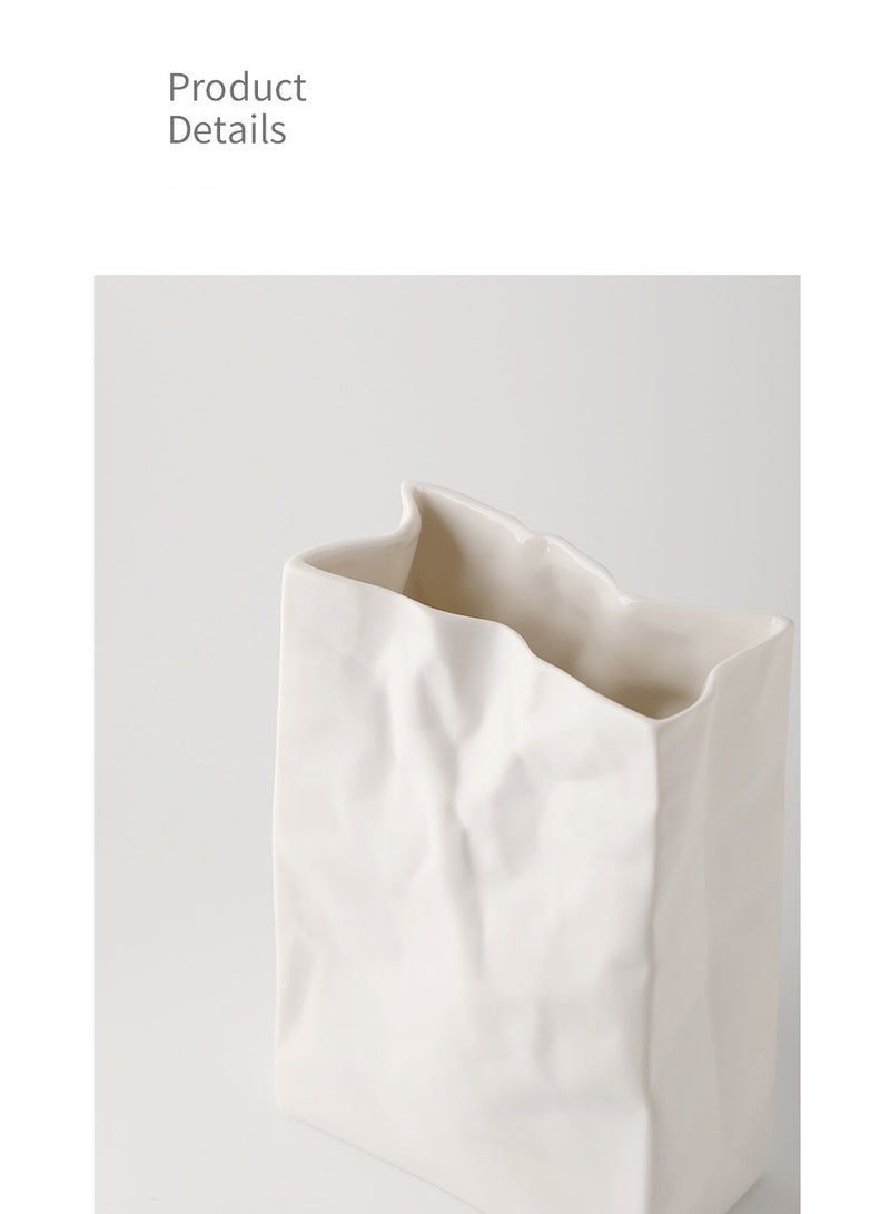 كابتن تيك Crinkle Paper Bag Shape Ceramic Vase, Large Capacity for Flower Arrangement, Bookshelf Decorative - Image 4