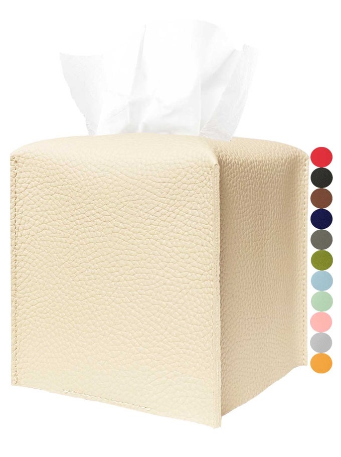 TISSUE BOX COVER TISSUE HOLDER SQUARE LEATHER TISSUE BOX HOLDER WITH BOTTOM BELT BEIGE MODERN PU LEATHER TISSUES CUBE BOX COVER FOR BATHROOM COUNTERTOPNIGHT STANDSOFFICE