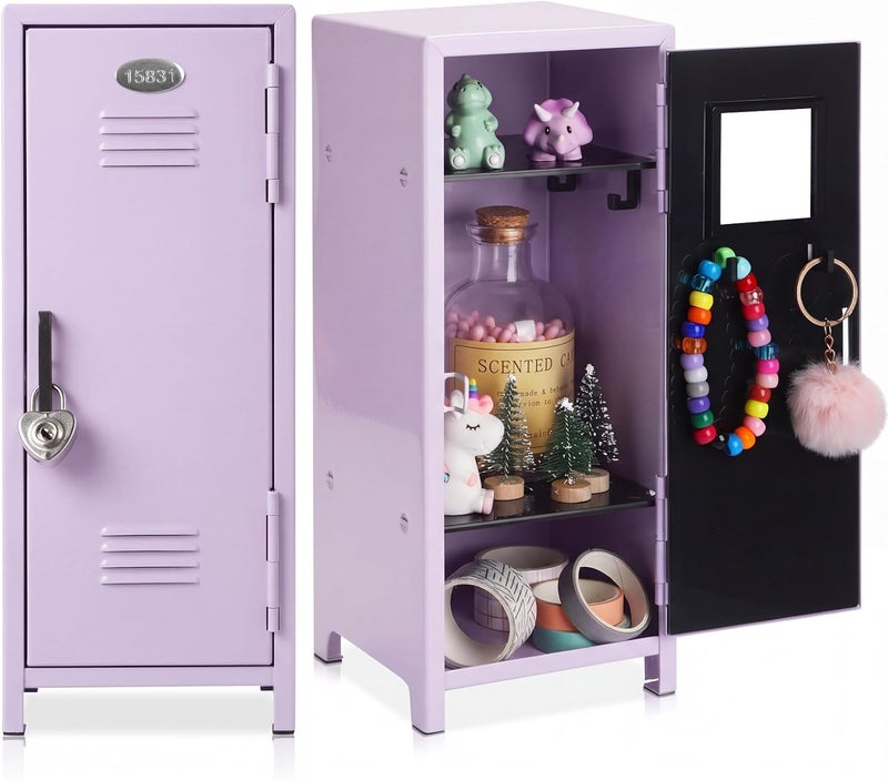 Vercraft 2 Pcs Mini Metal Locker Storage with Lock and 2 Keys 10.8 Inch Small Money Security and Cash Safe Box for Jewelry Back to School Home Office Desktop Container (Purple) - Image 1