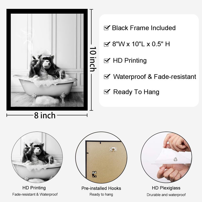 KBKBART مؤطرة الحمام ديكور الجدار الفن مضحك شمبانزي في حوض الاستحمام صورة الحمام أبيض وأسود الحمام جدار الفنون - Image 2