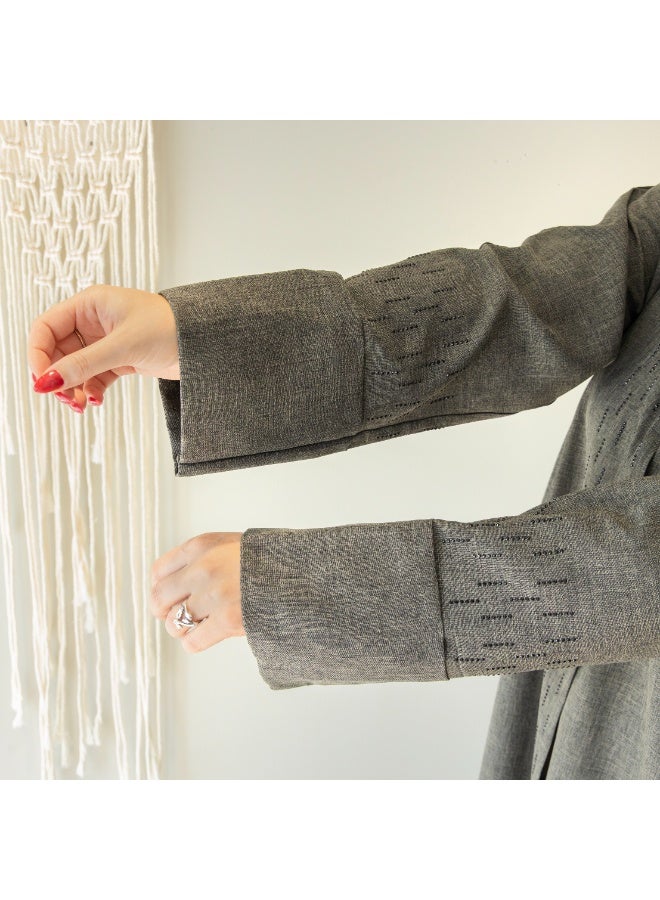 LINELLE عباءة لينيل الرمادية الملمس للنساء - تصميم أنيق على شكل حرف V، تفاصيل لوحة مطرزة بسيطة، أزرار أمامية، أكمام واسعة، ملابس يومية محتشمة - Image 5