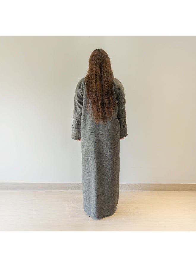 LINELLE عباءة لينيل الرمادية الملمس للنساء - تصميم أنيق على شكل حرف V، تفاصيل لوحة مطرزة بسيطة، أزرار أمامية، أكمام واسعة، ملابس يومية محتشمة - Image 3