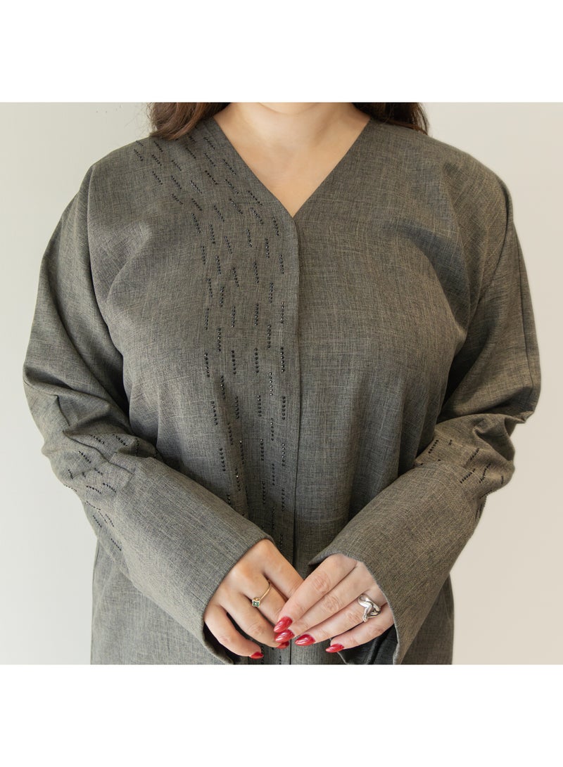 LINELLE عباءة لينيل الرمادية الملمس للنساء - تصميم أنيق على شكل حرف V، تفاصيل لوحة مطرزة بسيطة، أزرار أمامية، أكمام واسعة، ملابس يومية محتشمة - Image 4