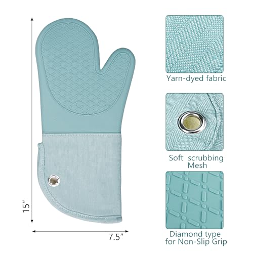 RED LMLDETA Professional Microwave Silicone Oven Mitts one Pair, Kitchen Mitten Set for Heat Resistant with 500 Degrees, Kitchen Gloves Pot Holder for BBQ Cooking Baking (Light Blue) - Image 2
