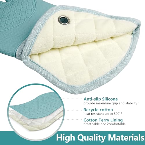 RED LMLDETA Professional Microwave Silicone Oven Mitts one Pair, Kitchen Mitten Set for Heat Resistant with 500 Degrees, Kitchen Gloves Pot Holder for BBQ Cooking Baking (Light Blue) - Image 3