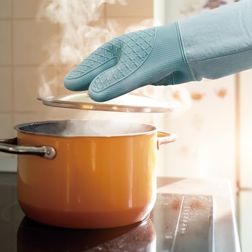 RED LMLDETA Professional Microwave Silicone Oven Mitts one Pair, Kitchen Mitten Set for Heat Resistant with 500 Degrees, Kitchen Gloves Pot Holder for BBQ Cooking Baking (Light Blue) - Image 5