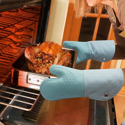 RED LMLDETA Professional Microwave Silicone Oven Mitts one Pair, Kitchen Mitten Set for Heat Resistant with 500 Degrees, Kitchen Gloves Pot Holder for BBQ Cooking Baking (Light Blue) - Image 4