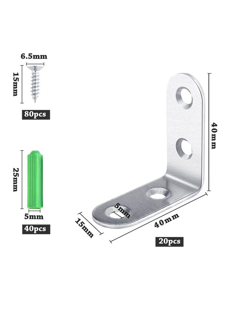 Stainless Steel L Bracket Corner Braces - 20pcs Set with Self-Tapping Screws & ABS Caps - 90° Angle Support for Furniture, DIY Projects - Durable 304 Grade Construction - Corrosion-Resistant & Easy-Install Kit for Home/Office Use - Image 2