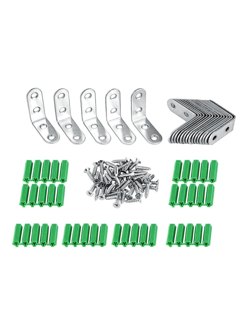 Stainless Steel L Bracket Corner Braces - 20pcs Set with Self-Tapping Screws & ABS Caps - 90° Angle Support for Furniture, DIY Projects - Durable 304 Grade Construction - Corrosion-Resistant & Easy-Install Kit for Home/Office Use - Image 1
