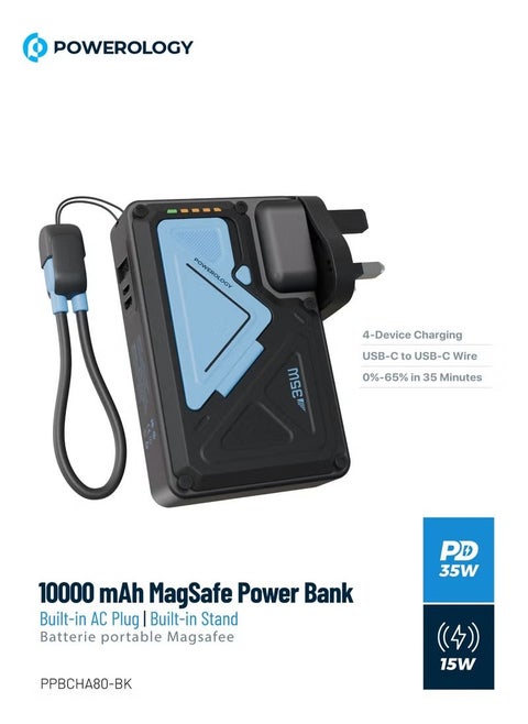10000mAh MagSafe Power Bank PD 35W Fast Charging Wall Charger 10000 mAh with Built-in AC Plug & 15W Wireless Charging / USB-C to USB-C Wire / 4-Device Charging Powerbank / Lightning Input/Output / Simultaneous Charging - Black & Blue