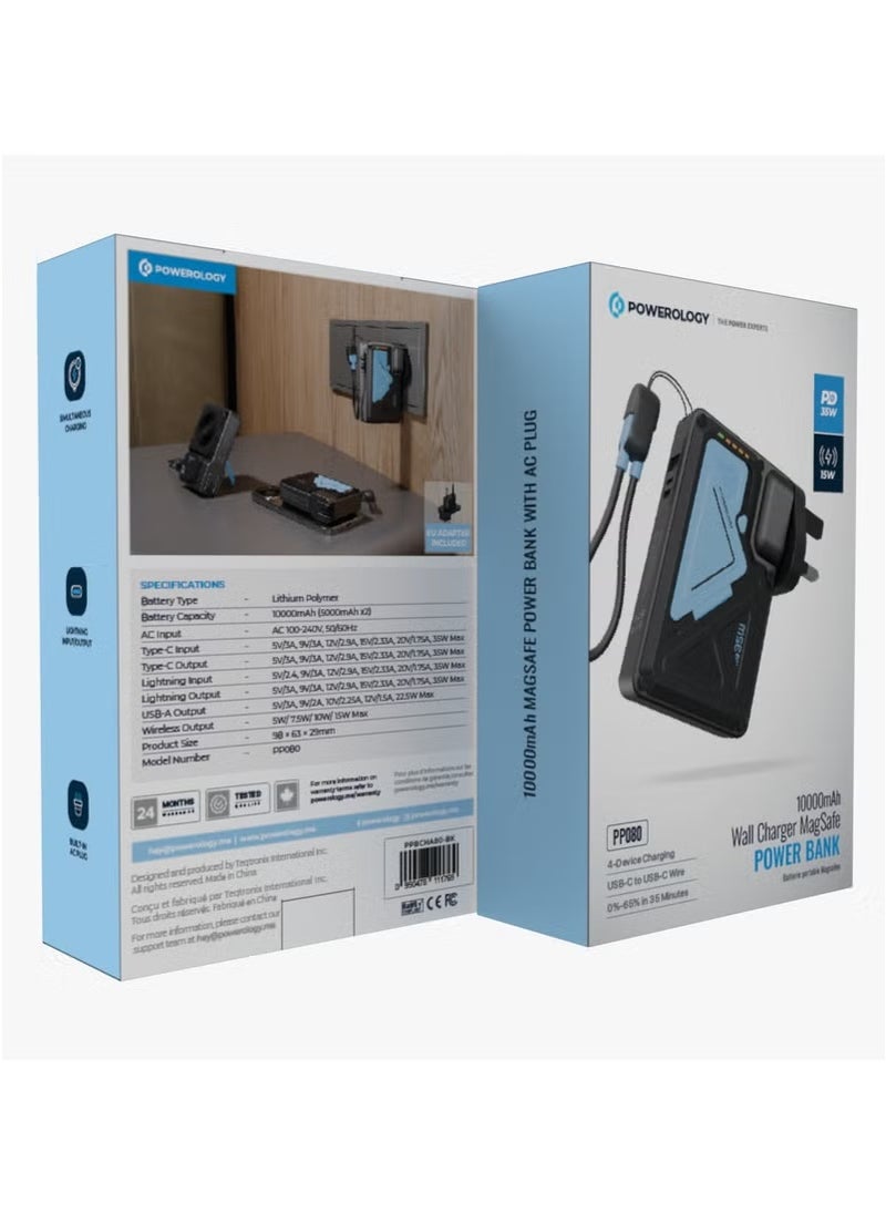 10000mAh MagSafe Power Bank PD 35W Fast Charging Wall Charger 10000 mAh with Built-in AC Plug & 15W Wireless Charging / USB-C to USB-C Wire / 4-Device Charging Powerbank / Lightning Input/Output / Simultaneous Charging - Black & Blue