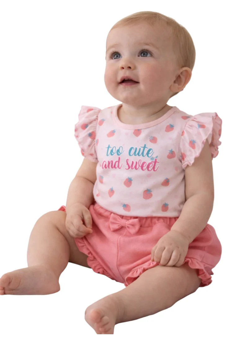 Victor And Jane  Infant Girls’ 2-Piece Set – “So Cute and Sweet” Puff Sleeve Top & Ruffle Shorts for Women | Best Price UAE