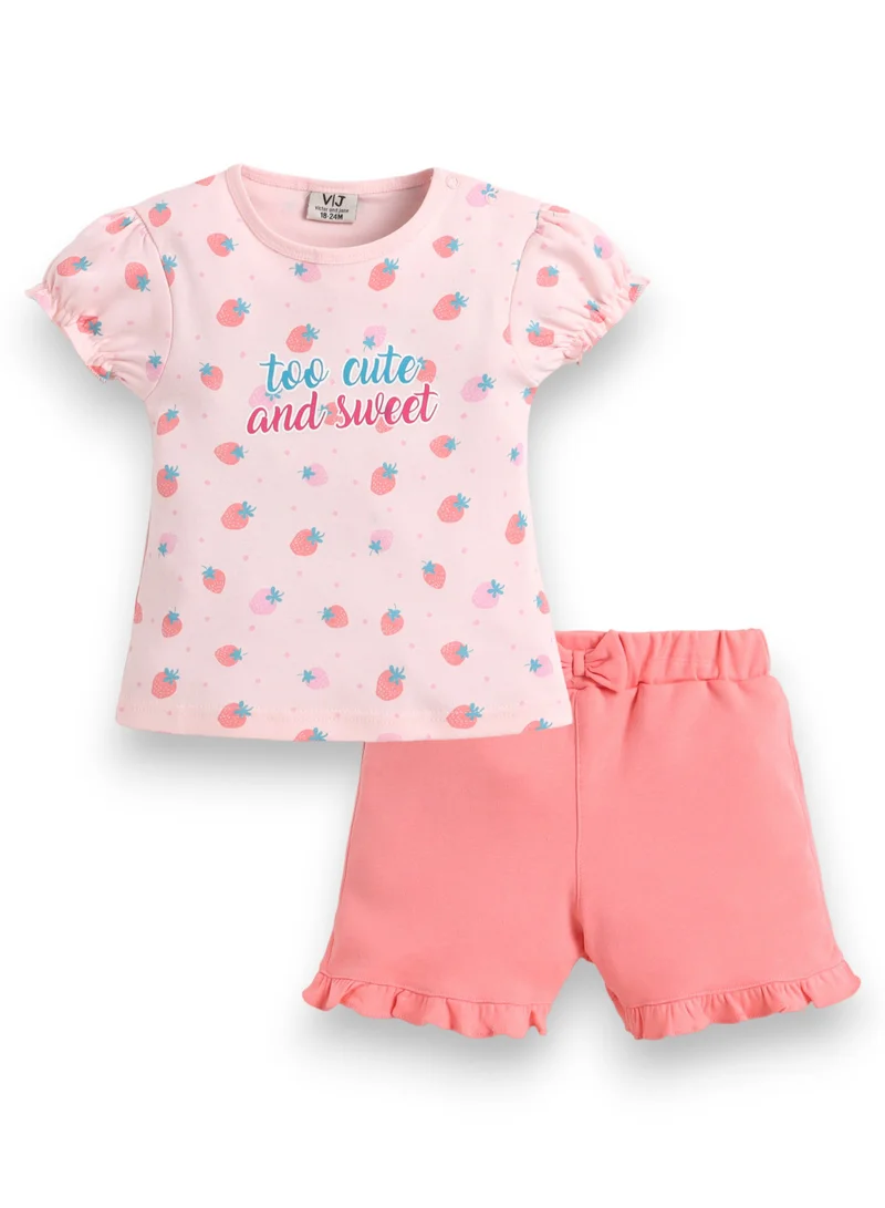 فكتور اند جين Infant Girls’ 2-Piece Set – “So Cute and Sweet” Puff Sleeve Top & Ruffle Shorts