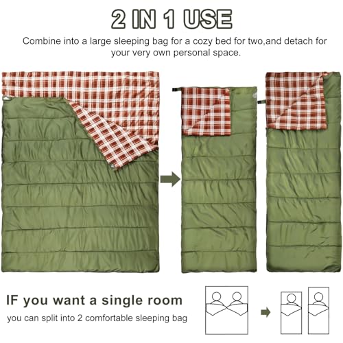 AGEMORE Cotton Flannel Double Sleeping Bag for Camping, Backpacking Or Hiking. Queen Size 2 Person Waterproof Sleeping Bag for Adults Or Teens. Lightweight with Compression Sack - Image 4