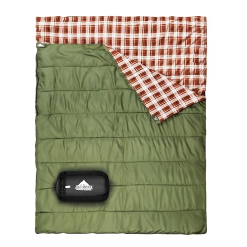 AGEMORE Cotton Flannel Double Sleeping Bag for Camping, Backpacking Or Hiking. Queen Size 2 Person Waterproof Sleeping Bag for Adults Or Teens. Lightweight with Compression Sack - Image 1