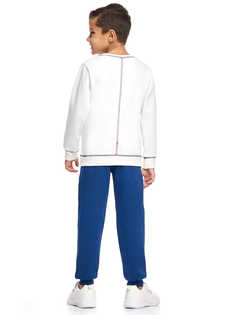 victor and jane Boys Warm Cotton Fleece Set - White Long Sleeve Top &amp; Navy Joggers