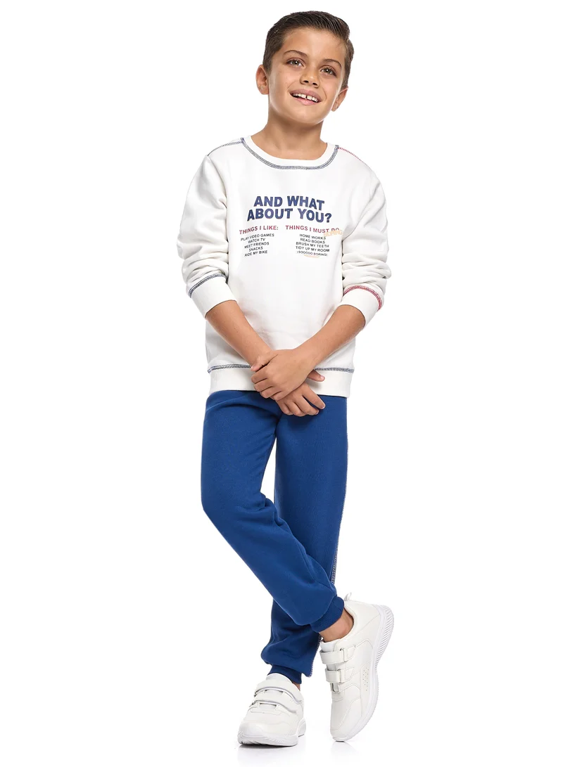 victor and jane Boys Warm Cotton Fleece Set - White Long Sleeve Top &amp; Navy Joggers