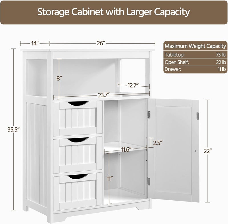 Yaheetech Bathroom Storage Cabinet Bathroom Floor Cabinet Freestanding Storage and Organizer with Door, 3 Drawers, Adjustable Shelf, 35.5 Inches Height, White - Image 3
