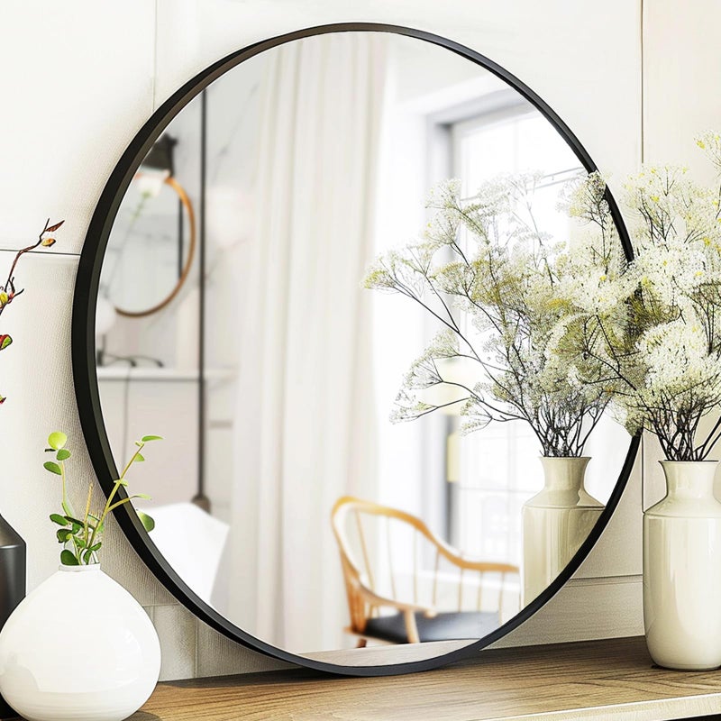 Sunniry Black Round Mirror, Round Mirror 24 inch, Black Circle Mirrors Metal Frame, Wall Mounted Mirrors for Living Room, Bathroom, Wall, Entryway. - Image 1