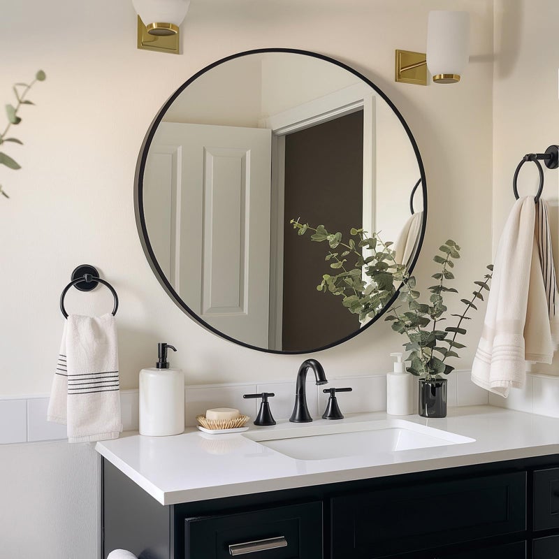 Sunniry Black Round Mirror, Round Mirror 24 inch, Black Circle Mirrors Metal Frame, Wall Mounted Mirrors for Living Room, Bathroom, Wall, Entryway. - Image 3