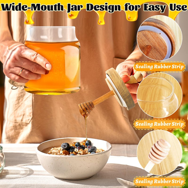 Loscarol Honey Pot with Dipper and Lid - 18oz Glass Honey Jar with Wooden Honey Dippers Stick Set, Wide Mouth Honey Containers - Airtight Syrup Dispenser for Home Kitchen - Image 2