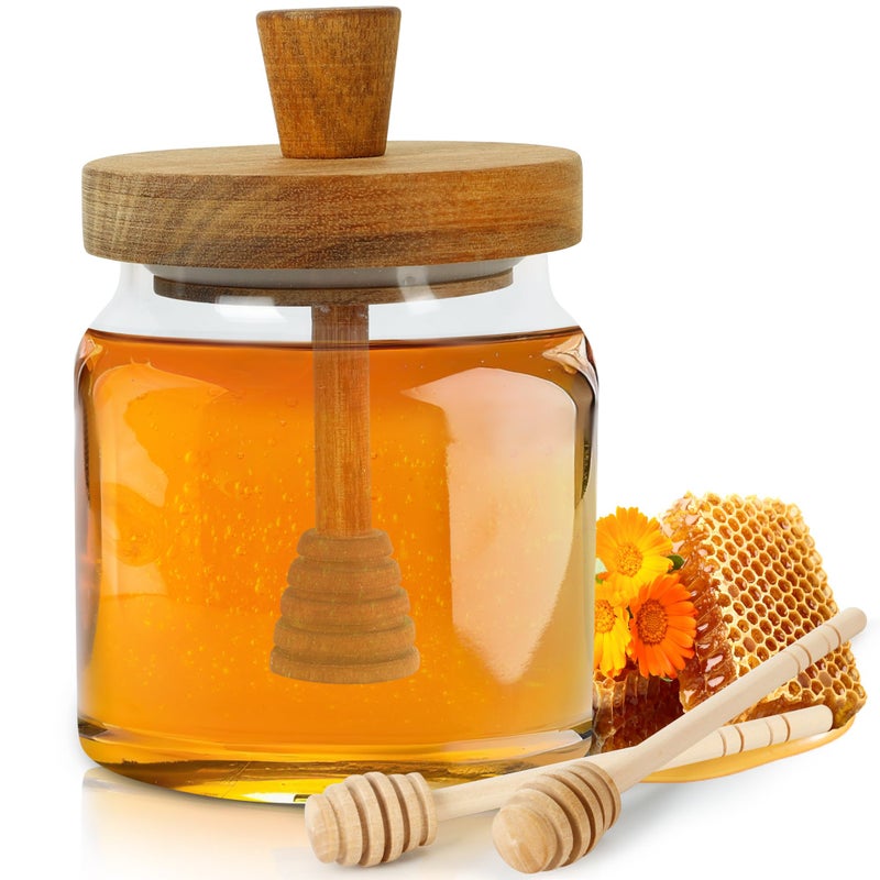 Loscarol Honey Pot with Dipper and Lid - 18oz Glass Honey Jar with Wooden Honey Dippers Stick Set, Wide Mouth Honey Containers - Airtight Syrup Dispenser for Home Kitchen - Image 1