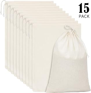 Pangda Pangda 15 Packs Cotton Muslin Bags with Drawstring, Natural Color (13.8 x 10 Inches) - Image 1