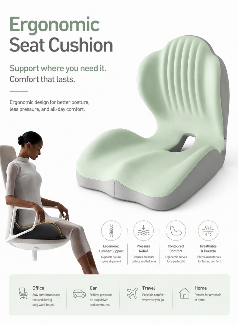 VANGOG Ergonomic L-Shaped Memory Foam Seat Cushion with Coccyx Cutout, Lumbar Support for Office Chairs, Great for Long Sitting (Grayish Green) - Image 1