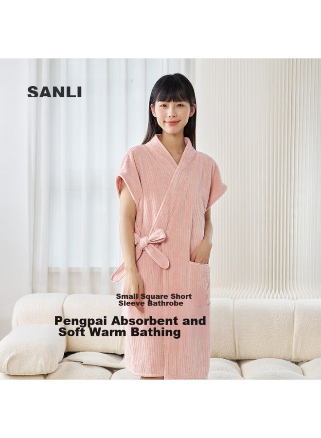 Sanli Bathrobe, Absorbent And Quick-drying, Short-sleeved, Home Loungewear, Wearable Bath Towel, Wrap-around Sleepwear, Couple's Style, Pink - Image 5