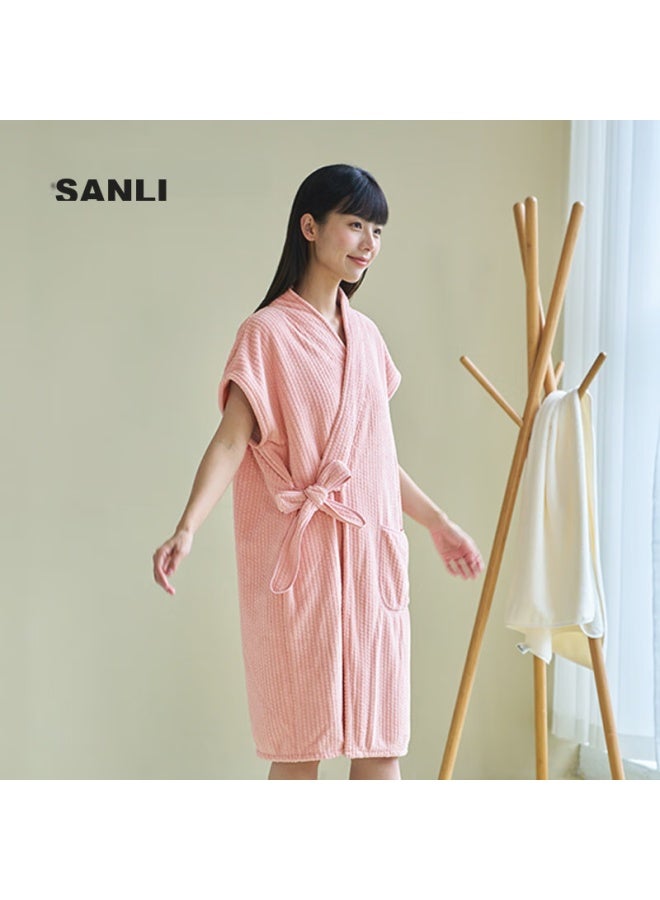 Sanli Bathrobe, Absorbent And Quick-drying, Short-sleeved, Home Loungewear, Wearable Bath Towel, Wrap-around Sleepwear, Couple's Style, Pink - Image 2