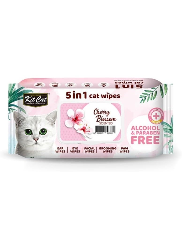 Kit Cat 5-in-1 Grooming Wet Wipes, Cherry Blossom Scented, 80 Count | Alcohol & Paraben Free for Ear, Eye, Face, Paw & Fur Cleaning