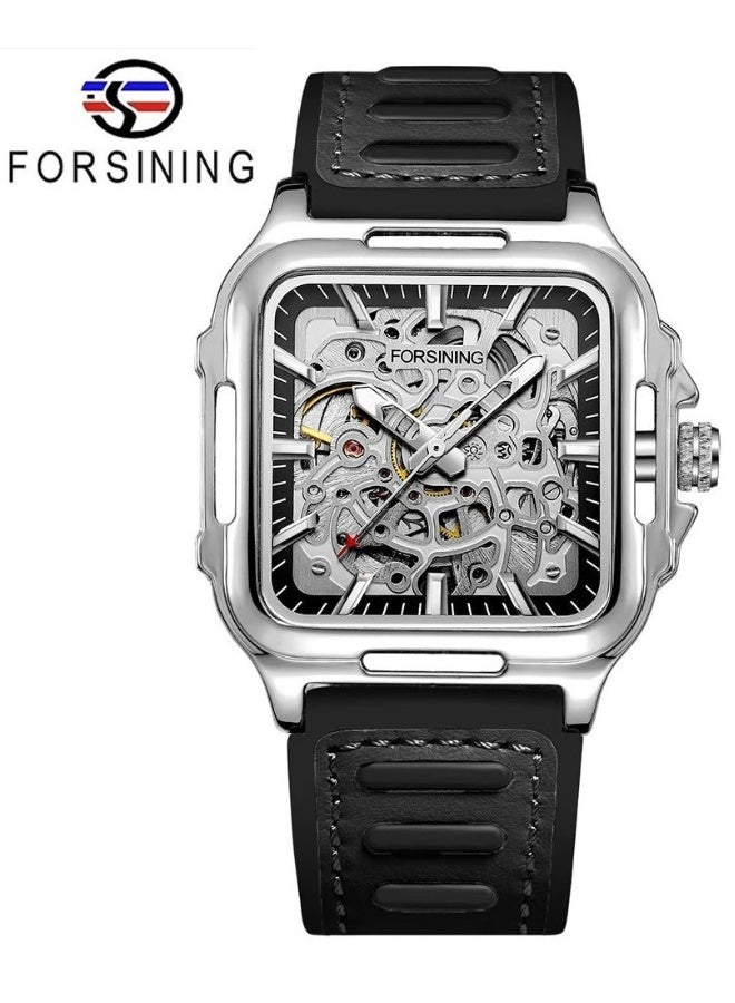 FORSINING Men's Waterproof Skeleton Stylish Watch Automatic Steampunk Self Winding Strap Luminous Square Wrist Watch - Image 1