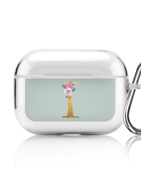Classic Clear printed Case for Apple Airpods Pro Soft TPU Gel Thin Transparent Flexible Cover - Custom Monogram Initial Letter Floral Pattern Alphabet - I ( Light Green )