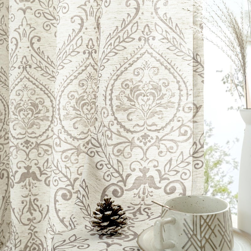 LAMIT Linen Curtains for Living Room 84 Inch Length 2 Panels Set, Vintage Damask Printed Linen Curtains Grommet Light Filtering Window Drapes for Bedroom/Farmhouse, Taupe, Each 52 x 84 Inch - Image 1