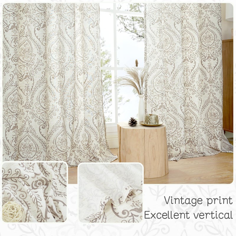 LAMIT Linen Curtains for Living Room 84 Inch Length 2 Panels Set, Vintage Damask Printed Linen Curtains Grommet Light Filtering Window Drapes for Bedroom/Farmhouse, Taupe, Each 52 x 84 Inch - Image 4