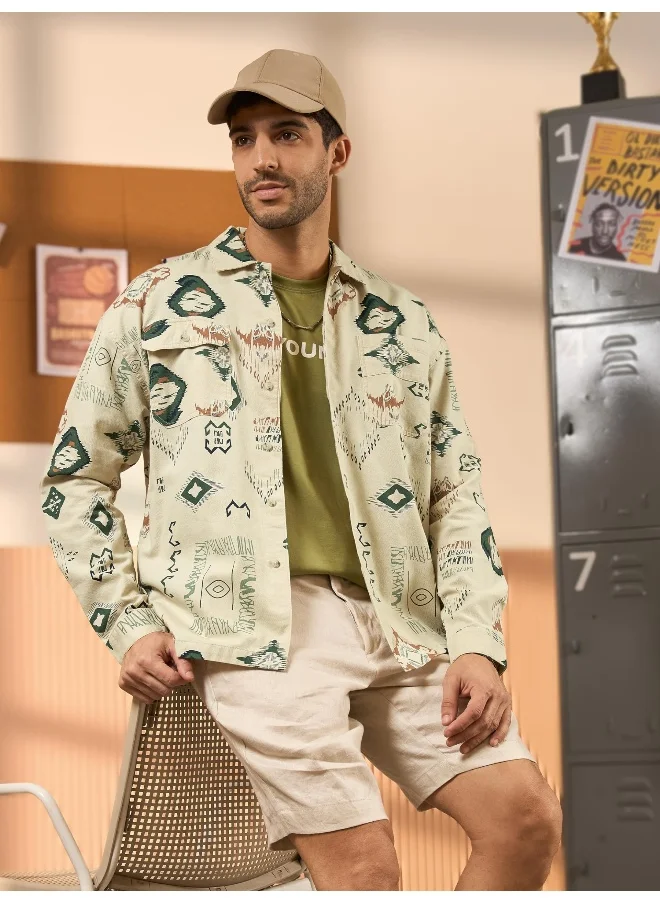 بيونغ Beige and Green Printed Shirt for Men