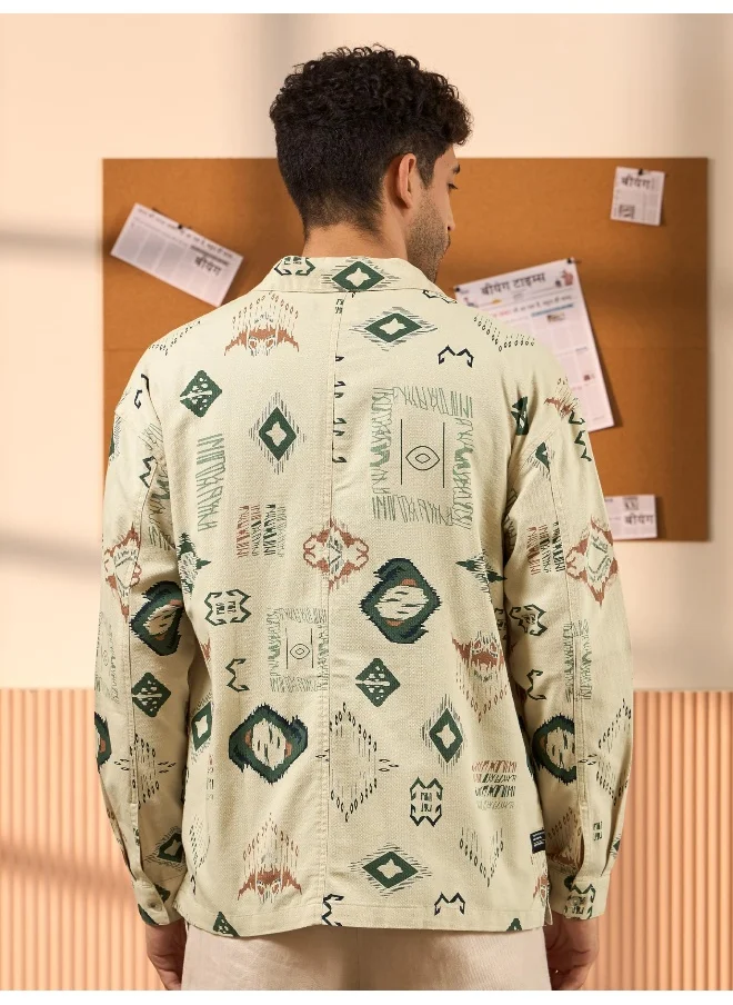 بيونغ Beige and Green Printed Shirt for Men