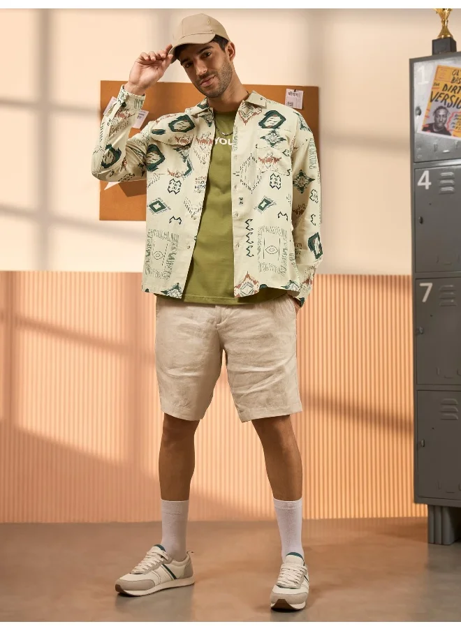 بيونغ Beige and Green Printed Shirt for Men