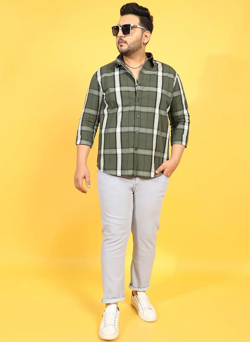Instafab Plus Instafab Plus Men's Tartan Plaid Dark Green Button Up Plus-Size Fit Shirt For Casual Wear | Cotton Spread Collar Shirt Crafted With Regular Sleeve & Comfort Fit For Everyday Wear