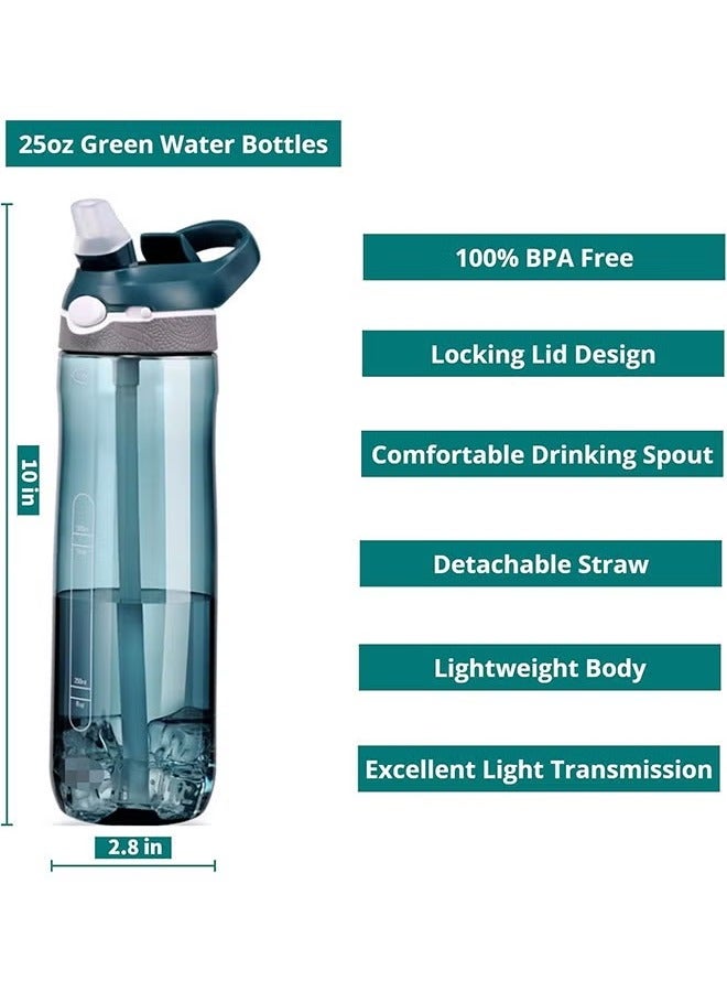 عربست كوب ماء رياضي بمقبض، زجاجة ماء سعة 25 أونصة بمقبض مشبك، زجاجات مياه بغطاء قفل، زجاجة مياه بلاستيكية للسفر، زجاجة مياه مع ماصة، زجاجة مياه رياضية، خضراء - Image 3