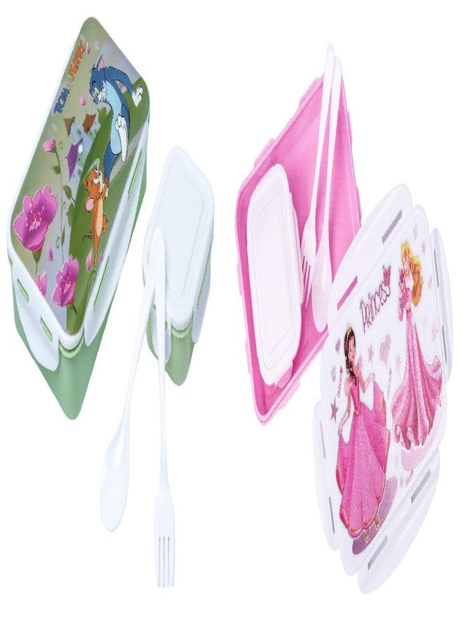 OMORTEX School Cartoon Lunch Box with Small Contianer & Spoon-Fork (Pack of 2, Multicolor) - Image 1