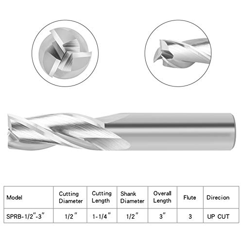 EANOSIC Upcut Spiral Router Bit 3-Flute with 1/2” Shank, 1/2” Cutting Diameter, 1-1/4” Cutting Length, Carbide CNC Router Bits End Mill for Wood Mortises Carving Engraving (3 inch Total Length) - Image 2