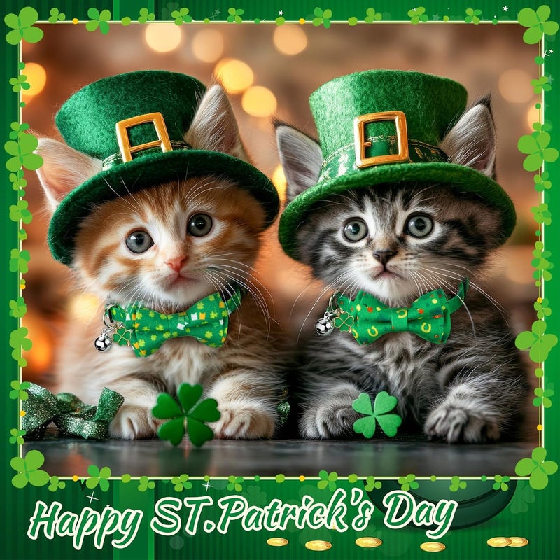 Hsei 6 Pcs St. Patrick's Day Cat Collar Bulk with Bow Tie Bell Irish Lucky Shamrocks Clover Green Hats Rainbows Kitten Adjustable Breakaway Bowtie Collar for Cats Small Dog Holiday Party Favors Gifts - Image 5