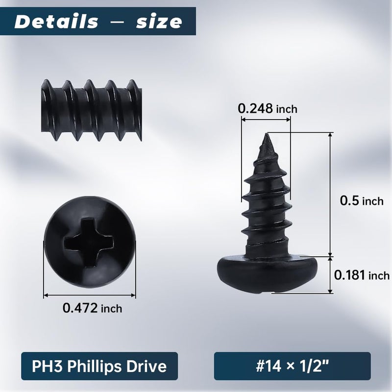 Glvaner #14 x 1/2 inch Phillips Pan Head Self Tapping Screws for Wood, Black Coated, 304 Stainless Steel 18-8, Round Head Sheet Metal Tek Screws, 30 pcs - Image 3